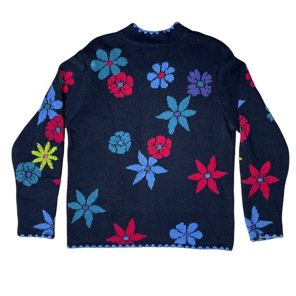 Coldwater Creek M Black multi color embroidered floral cardigan colorful button - Picture 2 of 6